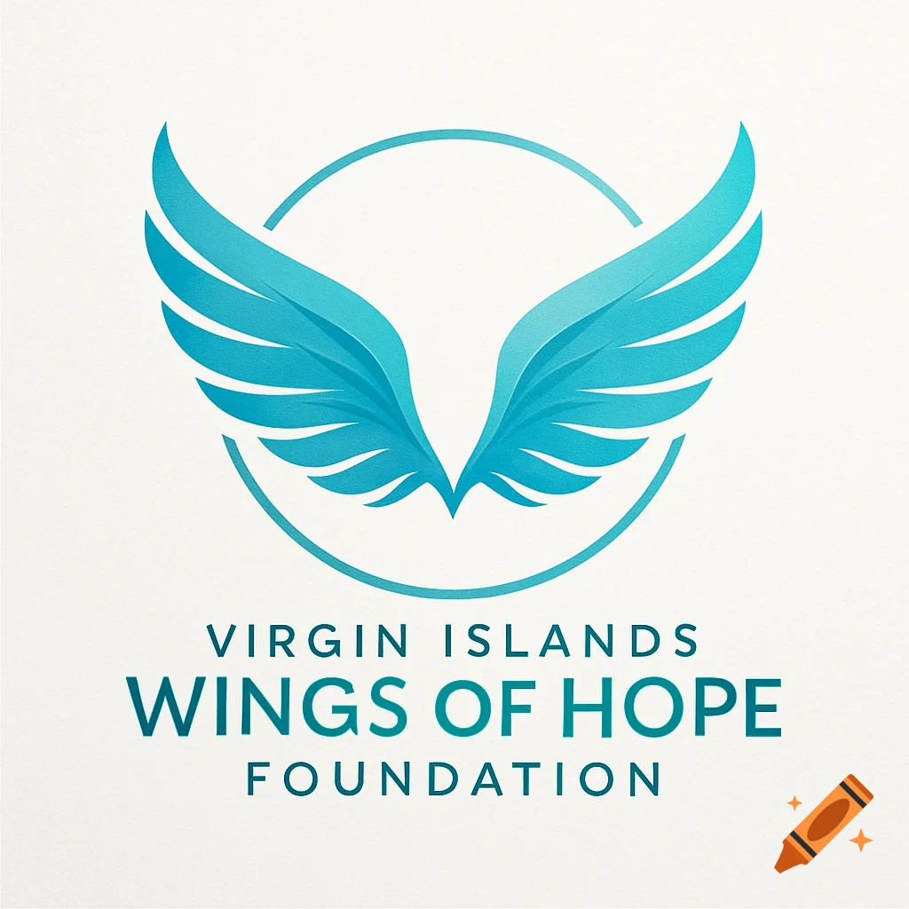 A logo featuring stylized blue wings within a circular outline, with the text 'Virgin Islands Wings of Hope Foundation'.