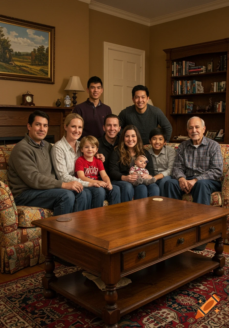 A large, multi-generational family poses for a group portrait on a sofa in a warmly lit living room.