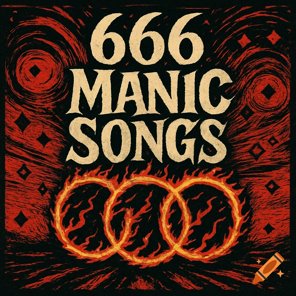 Album cover art with '666 MANIC SONGS' in cream lettering above three interlocking fiery rings on a dark red and black textured background.
