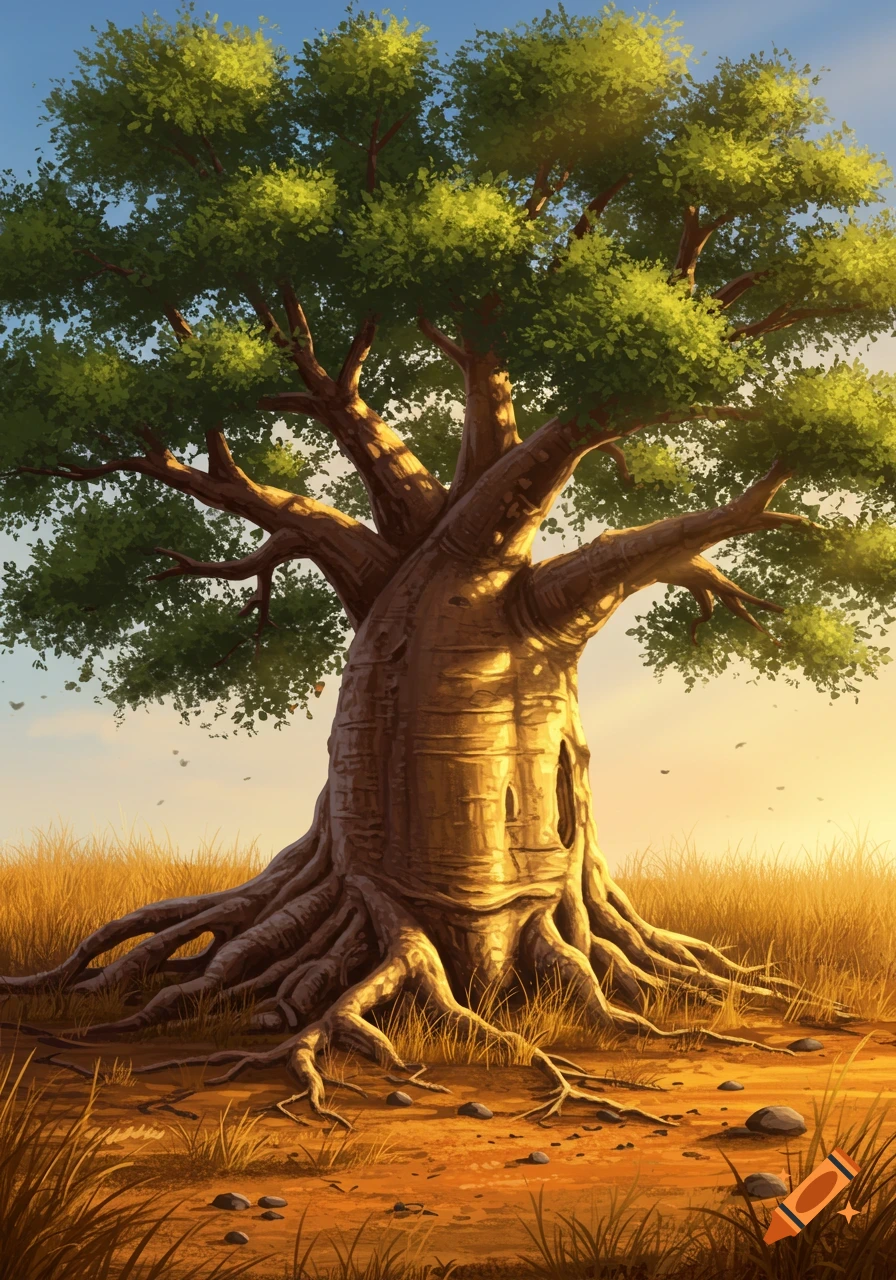 A large, old tree with a thick trunk and exposed roots stands in a grassy field under a clear sky with golden light.