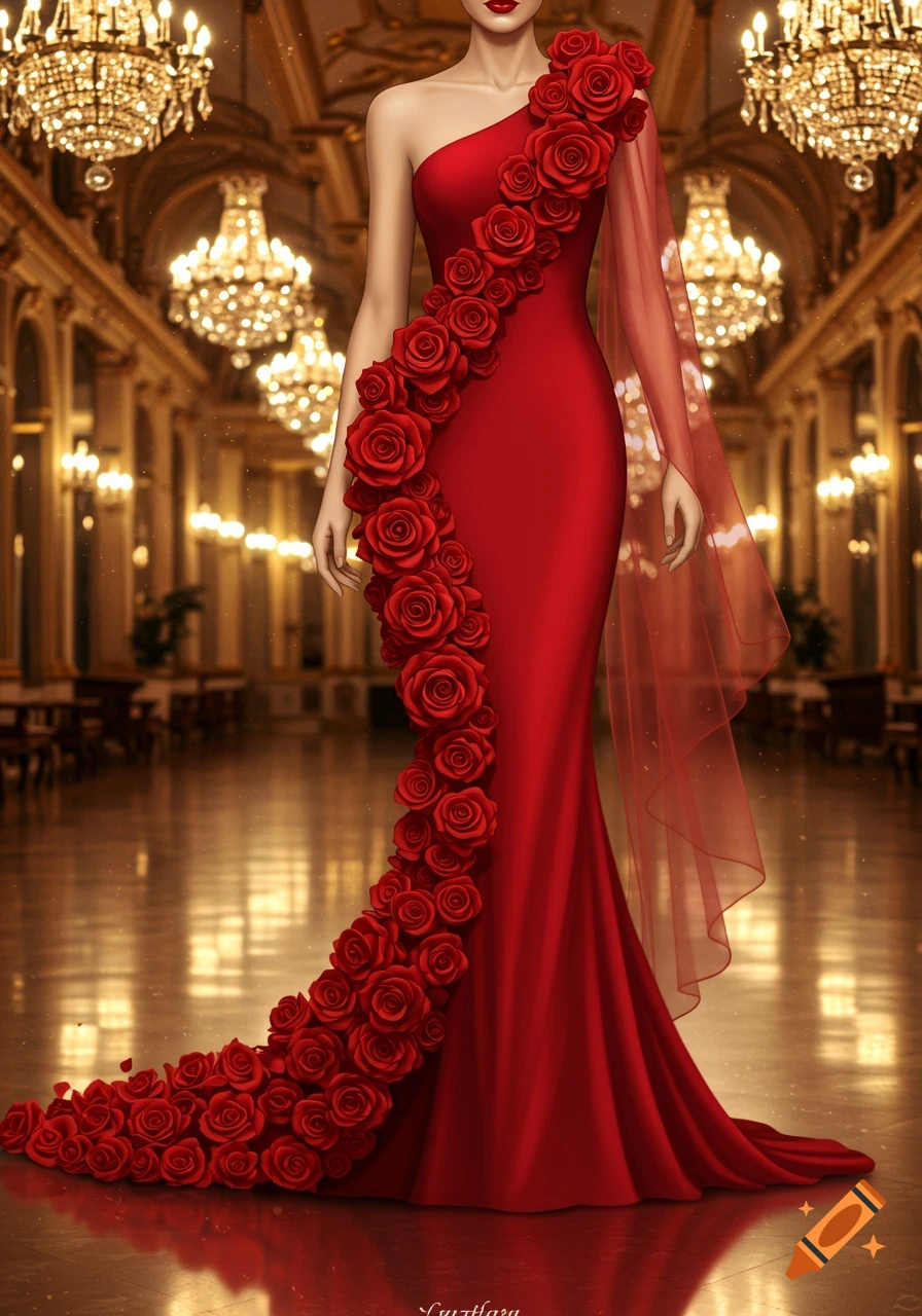 A woman in a vibrant red one-shoulder gown adorned with red roses stands in a grand ballroom with chandeliers.