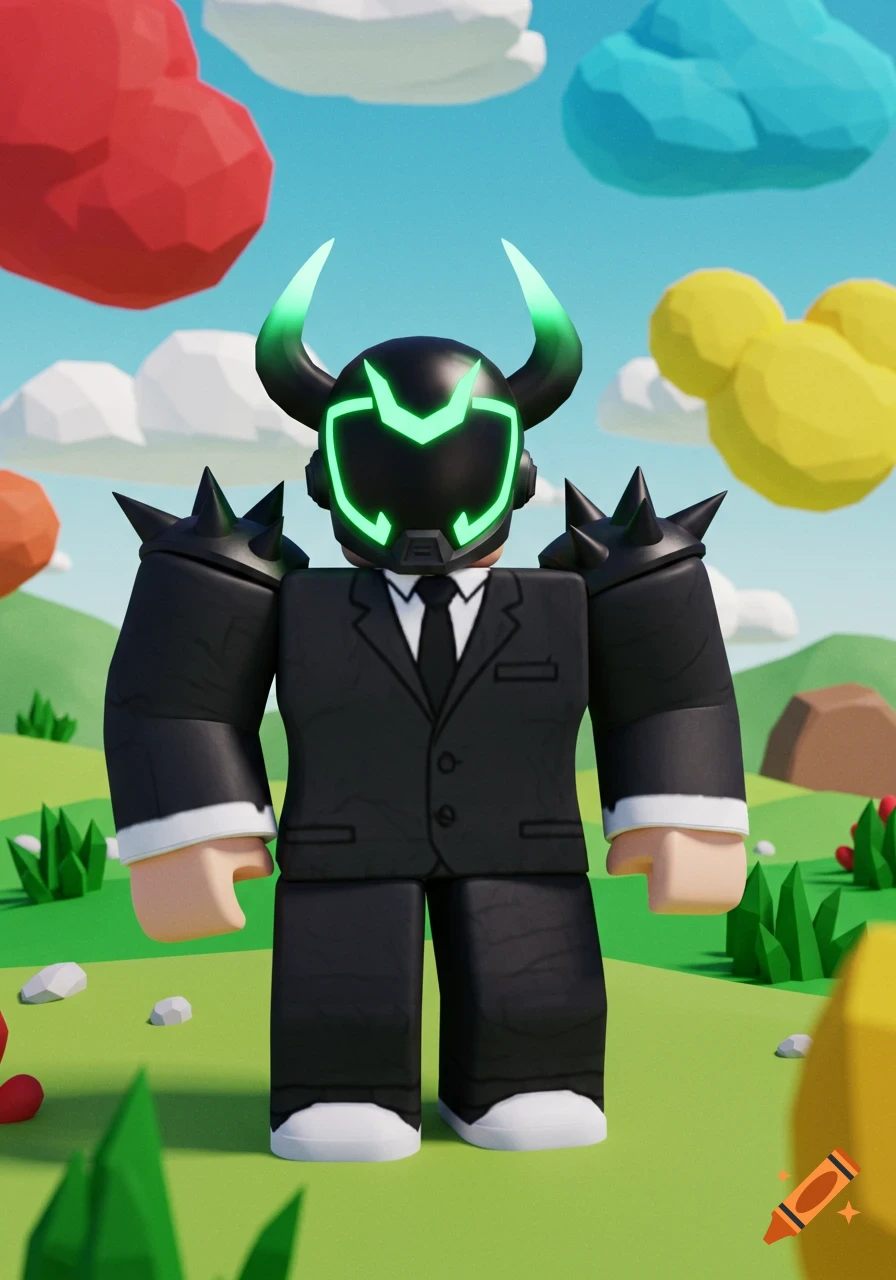 A Roblox character in a black suit and a black helmet with glowing green horns stands in a colorful cartoon landscape.