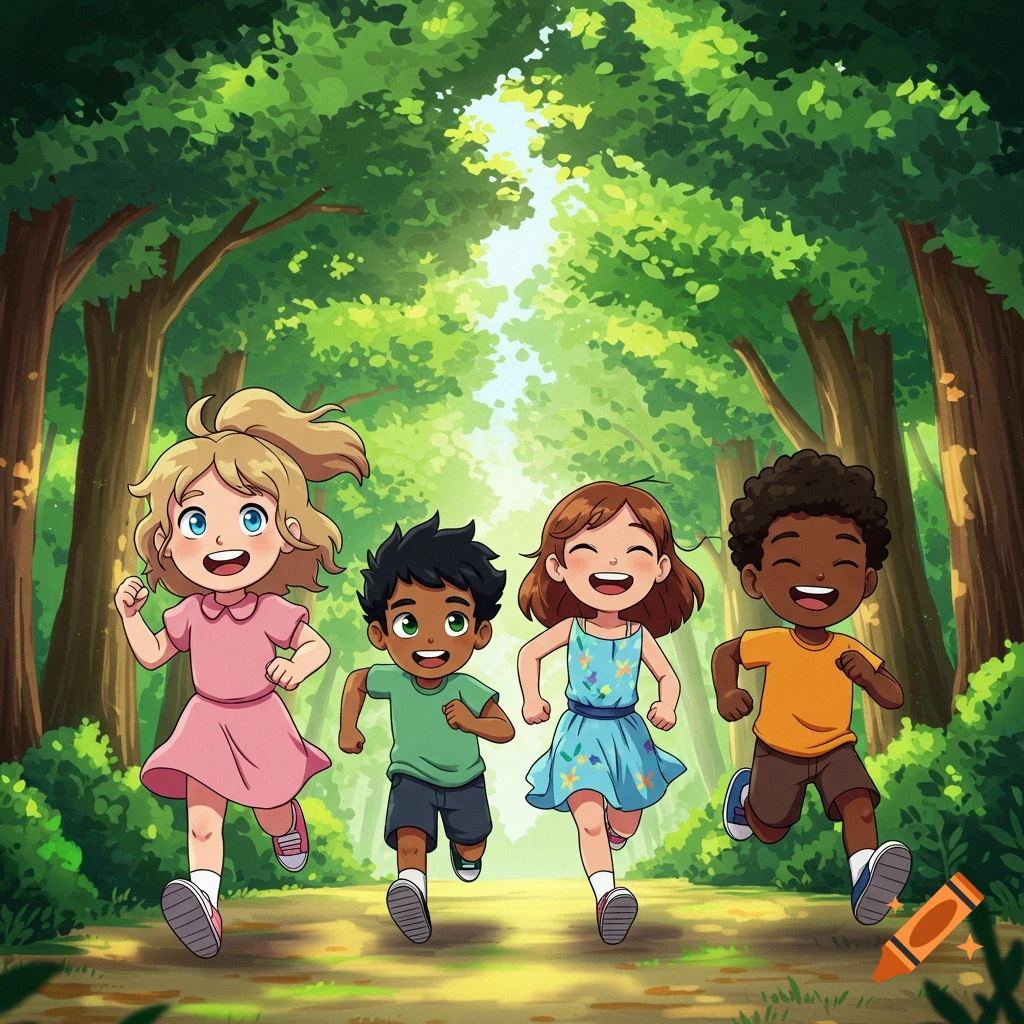 Four diverse children running happily down a sunlit path through a lush green forest in a whimsical cartoon style.