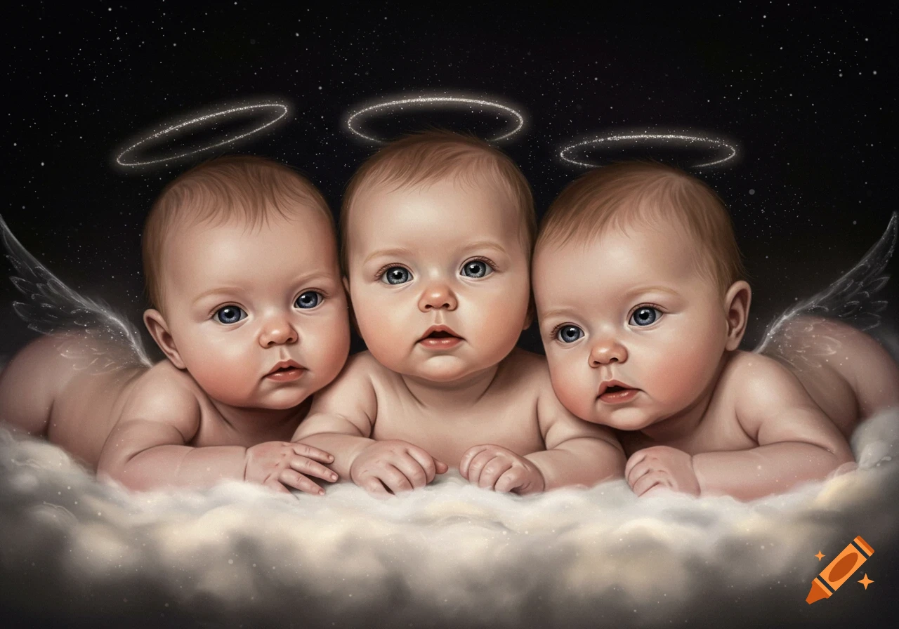 Three adorable baby angels with halos and wings lie on fluffy clouds against a dark, starry sky.