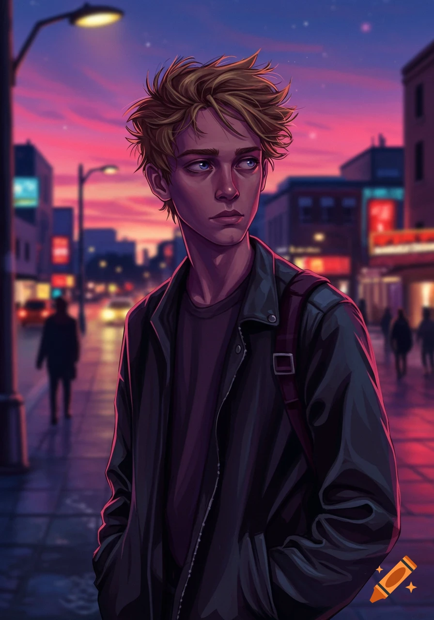 A stylized illustration of a blonde teenage boy with blue eyes standing on a city street at sunset.