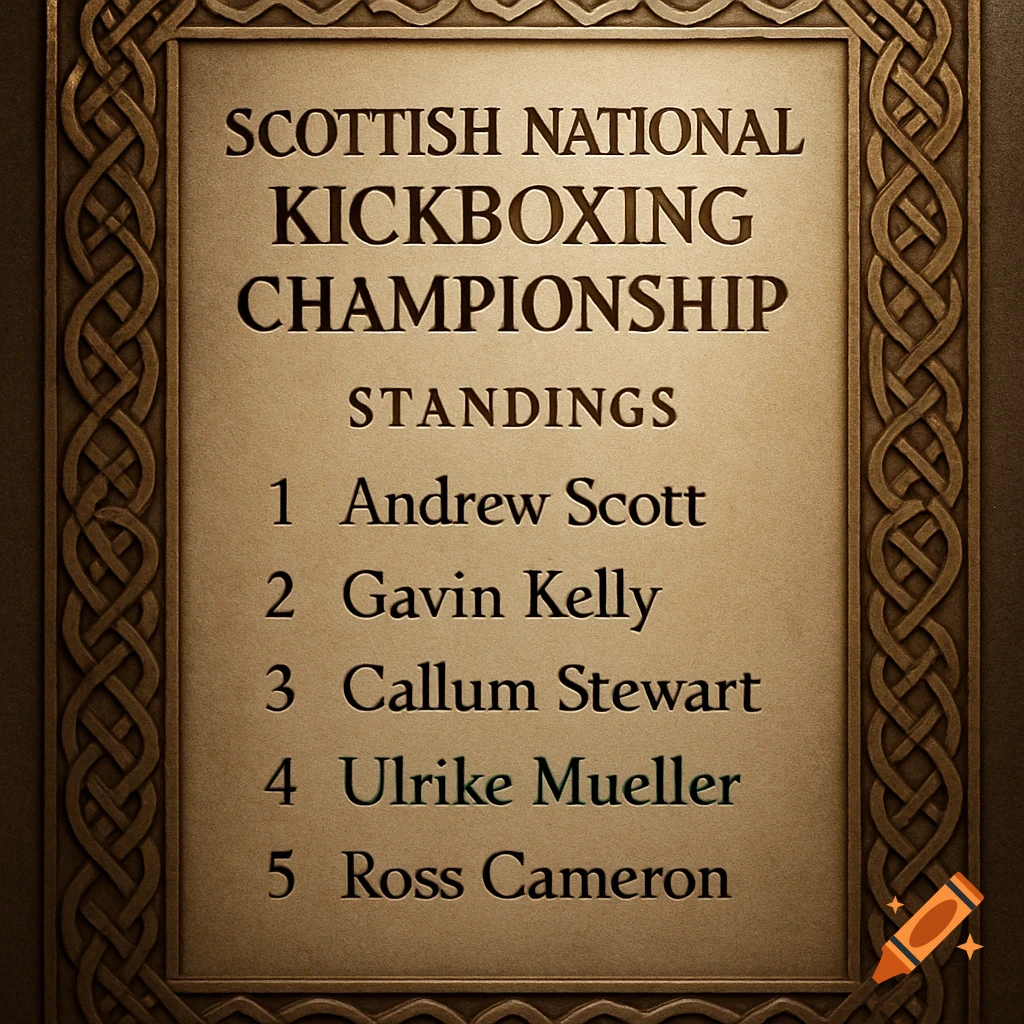 A bronze plaque with a Celtic knot border listing the standings for the Scottish National Kickboxing Championship, with Ulrike Mueller at 4th place.