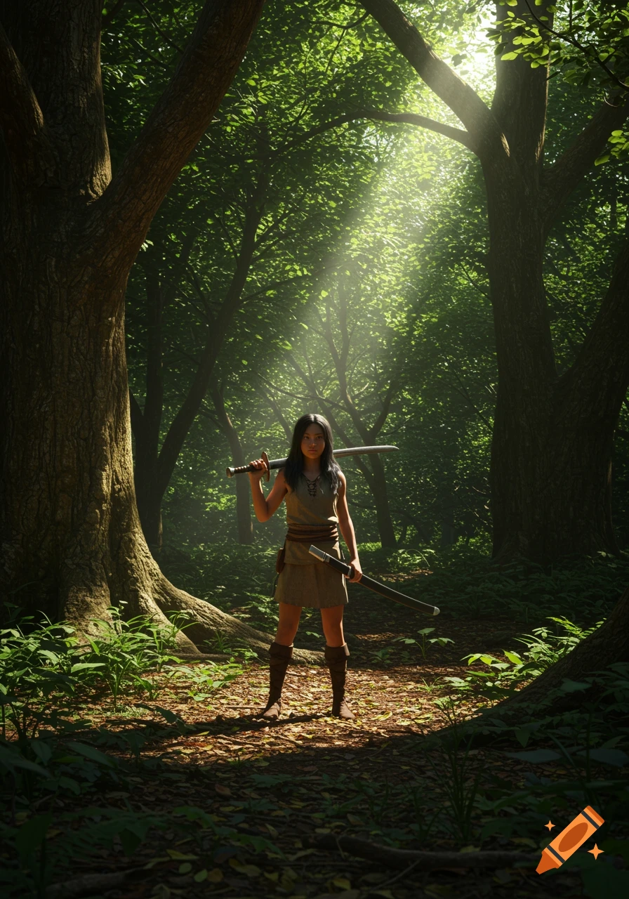 A photorealistic image of a young girl with tan skin and black hair, dressed in rustic clothes, standing in a sunlit forest holding two swords.