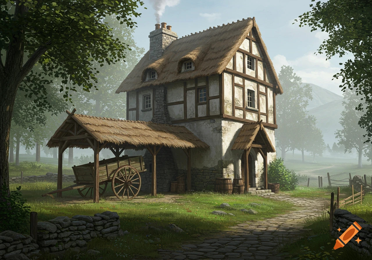 A rustic, two-story house with a thatched roof and wattle-and-daub walls stands beside a stone path, with a wagon under a covered awning.