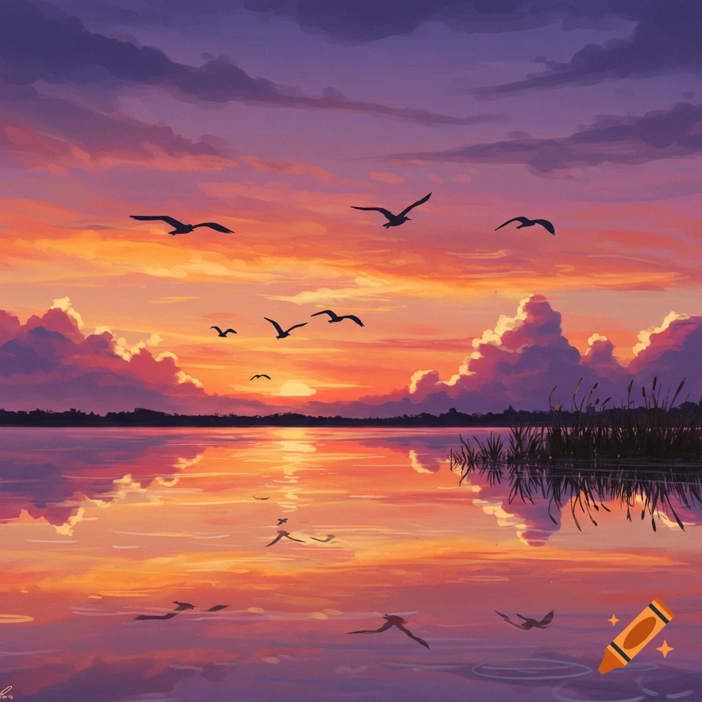 A vibrant sunset over a calm lake with silhouetted birds flying, reflecting orange and purple hues.