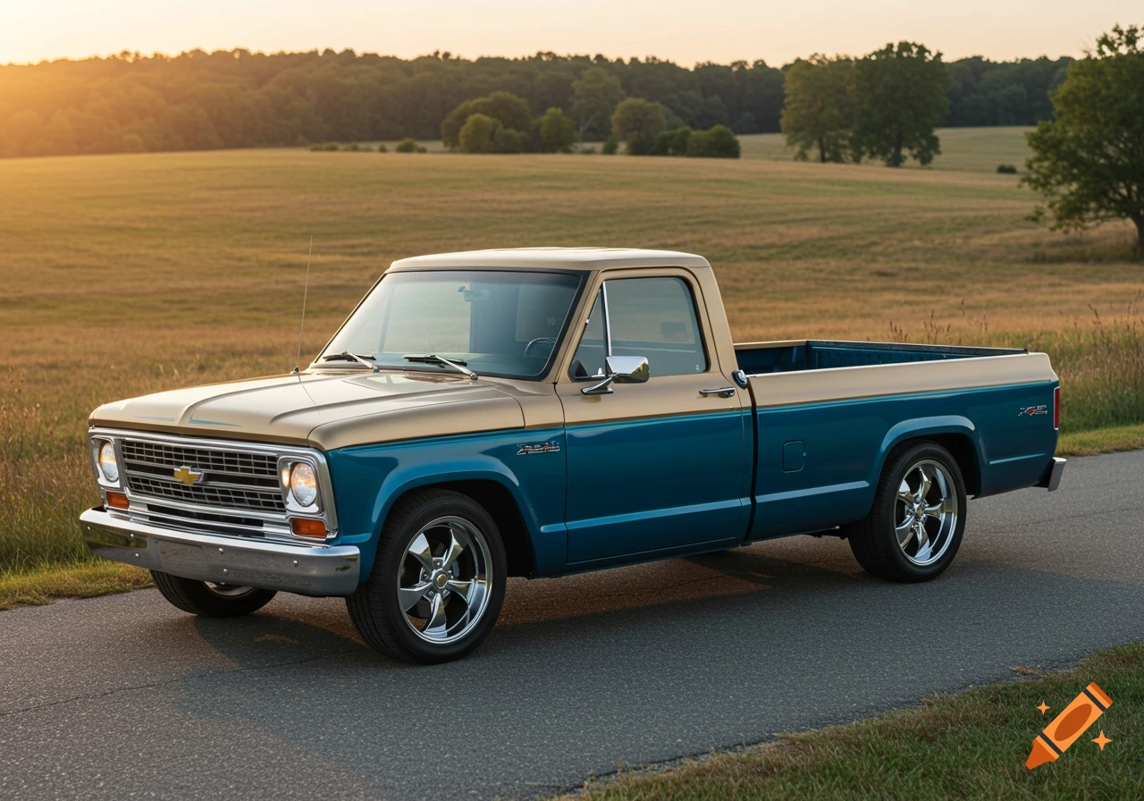 A classic two-tone golden tan and blue pickup truck on an asphalt road in a field at sunset.