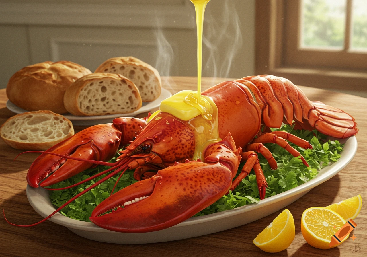 A photorealistic image of a cooked red lobster on a bed of parsley with butter being poured over it, served on a white platter with bread rolls and lemon wedges on a wooden table.