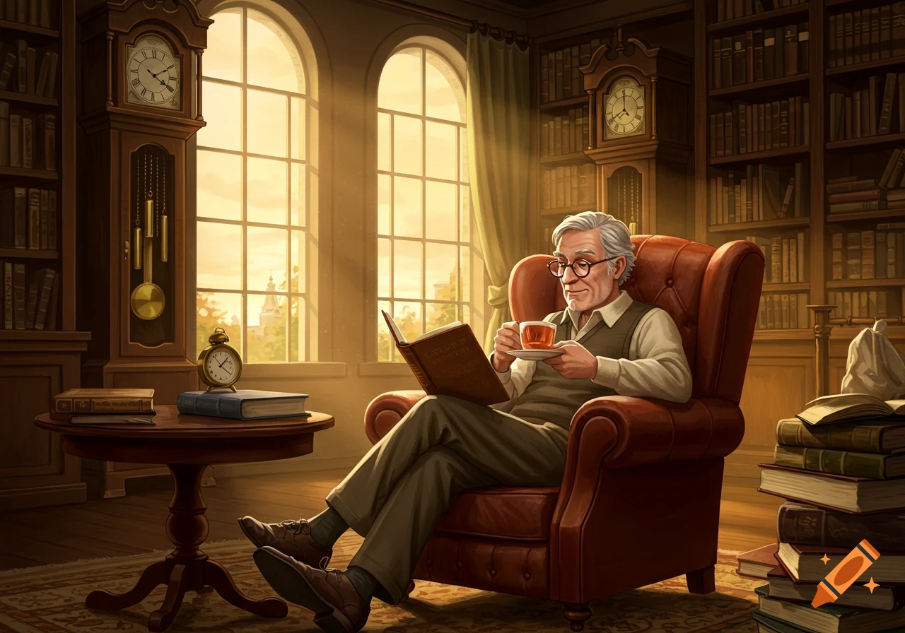 An elderly man in glasses sits in a red armchair in a sunlit library, reading a book and holding a teacup. Grandfather clocks and bookshelves fill the room.