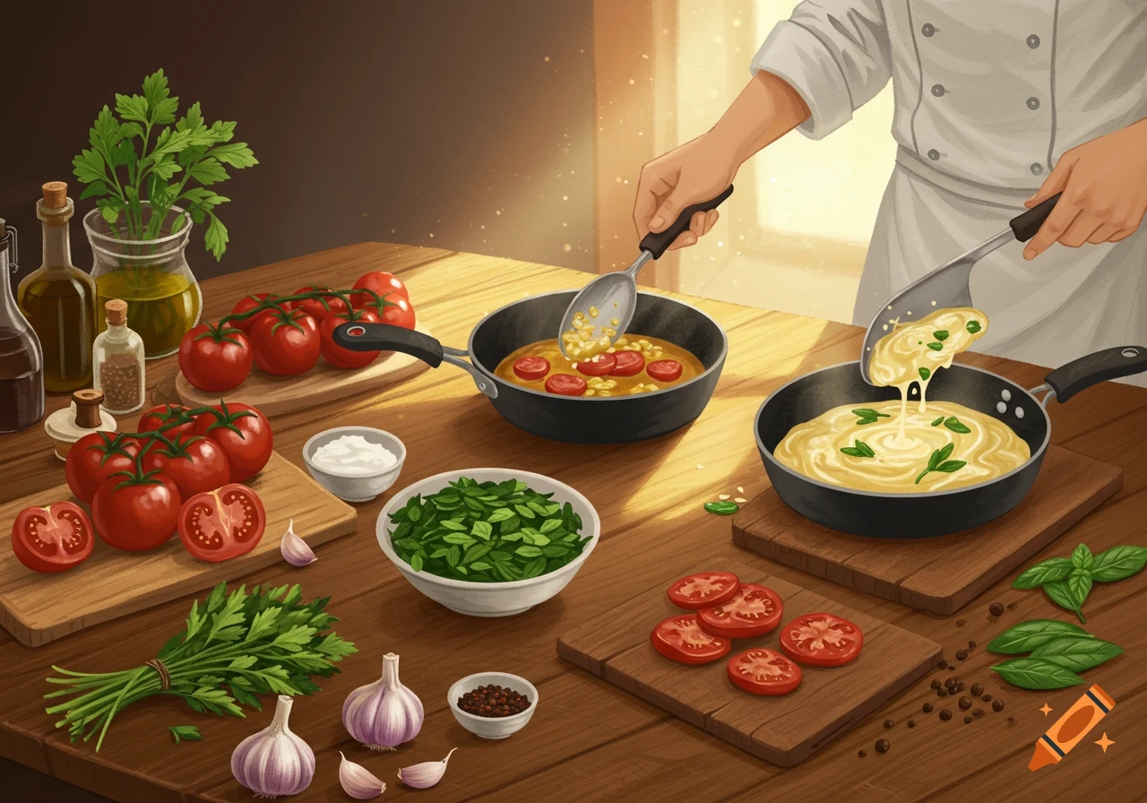 A chef cooks on a wooden table, stirring two pans of food surrounded by fresh tomatoes, garlic, and herbs in an illustrative style.