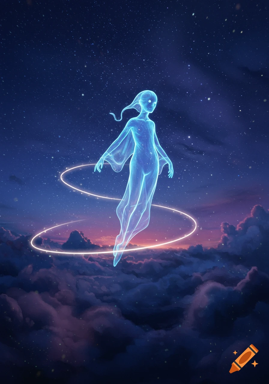 A glowing, ethereal blue figure floats above purple clouds under a starry night sky with a luminous ring.