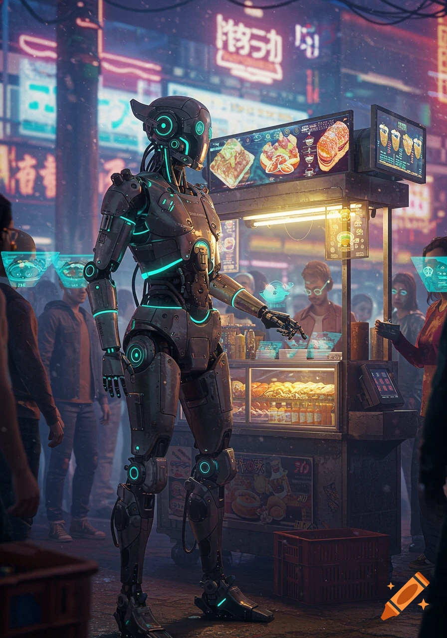 A sleek, dark gray robot with glowing teal accents stands in a vibrant, neon-lit cyberpunk street market, interacting with a food vendor stall. Humans are visible in the busy background.