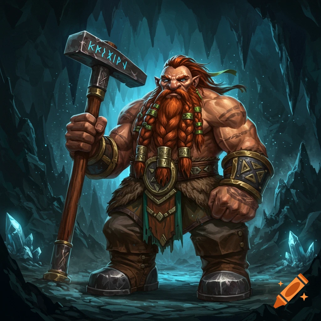 A muscular fantasy dwarf with a long braided red beard holds a large hammer with glowing runes in a glowing crystal cave.