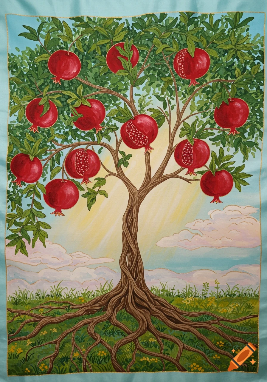 A vibrant painted tapestry of a pomegranate tree with red fruit, some open, on a blue sky and green grass.