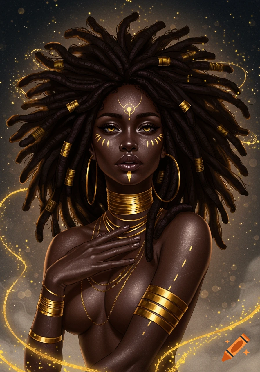 A stunning digital portrait of a dark-skinned goddess with golden markings, dreadlocks adorned with gold, and celestial jewelry against a glowing, starry background.