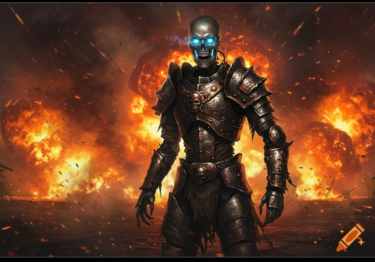 A skeletal warrior in detailed armor with glowing blue eyes stands defiantly amidst massive fiery explosions.