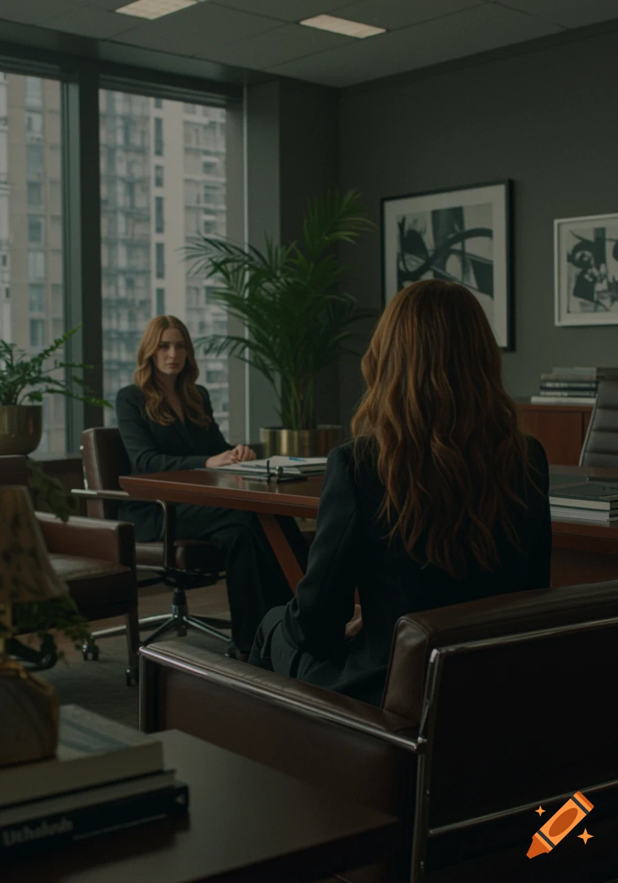 Two women in black suits sit across from each other at a desk in a modern office with city views, photorealistic.
