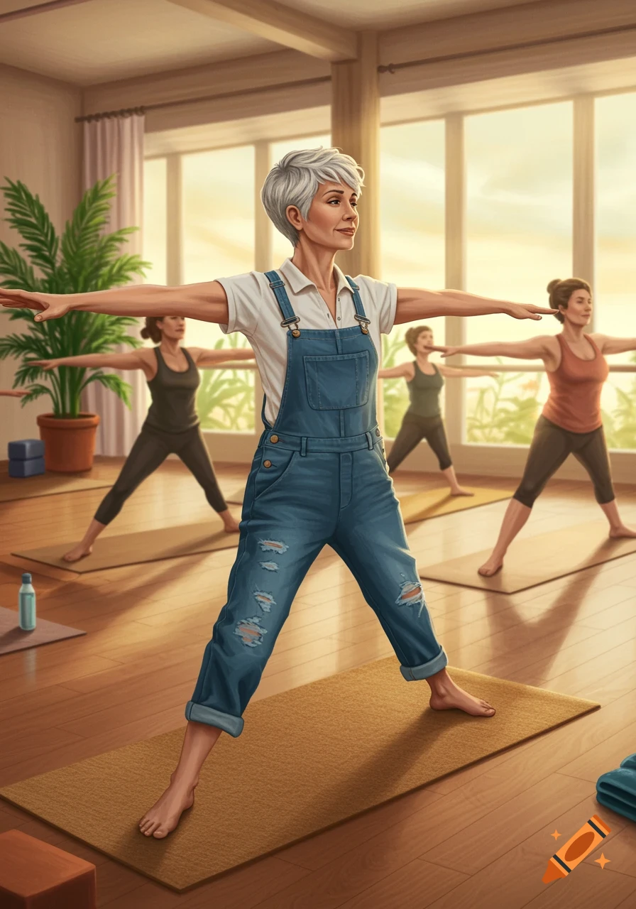 An older woman in denim overalls and a white shirt doing yoga in a bright studio with other women.