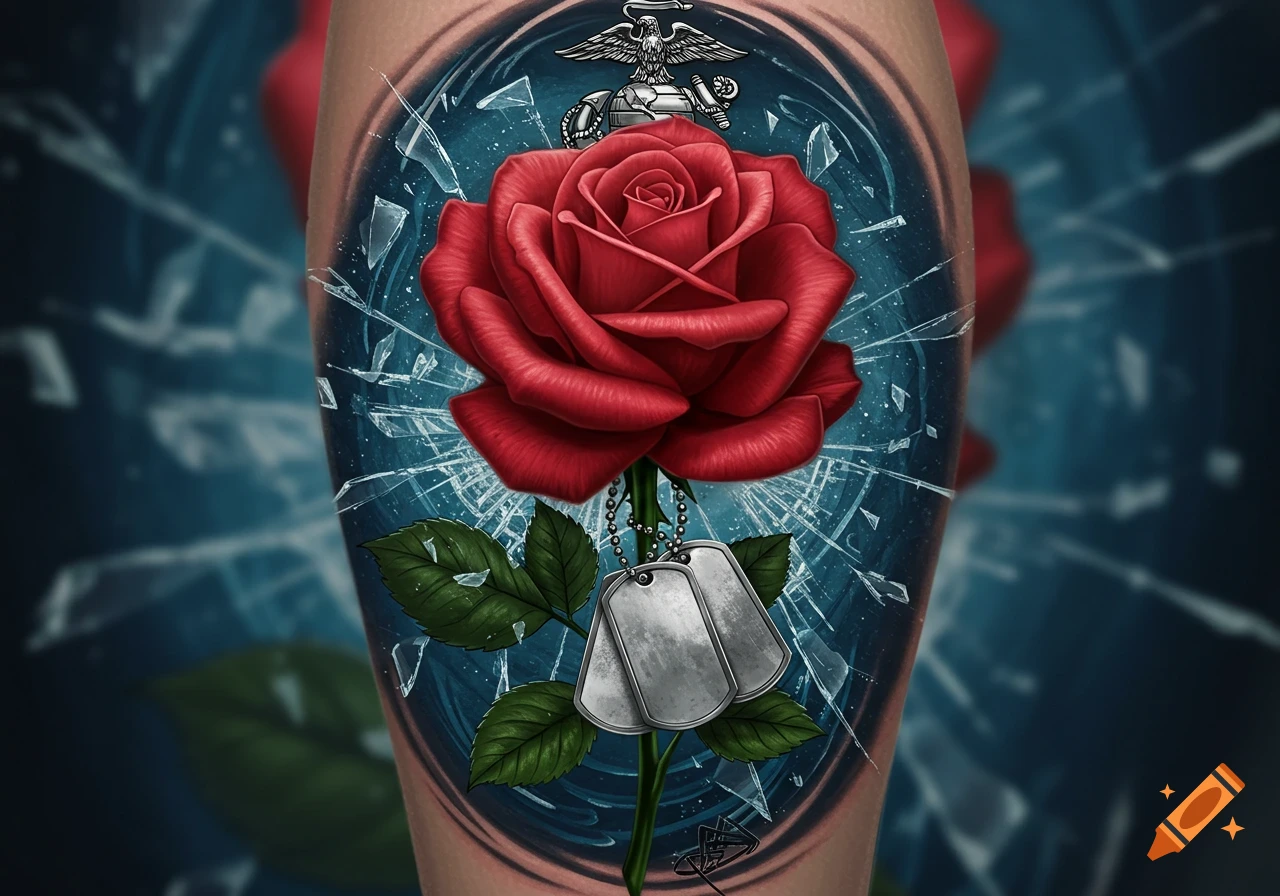 A vibrant tattoo design featuring a red rose, military dog tags, and a silver marine emblem over a shattered blue glass background.