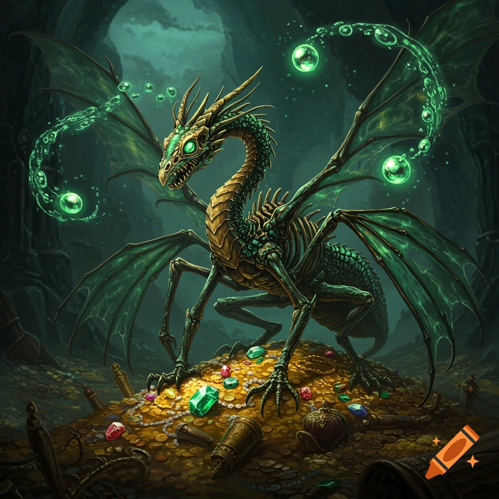 A skeletal, green and gold dragon-like creature with large wings perched on a mound of gold coins and jewels in a dark cave.