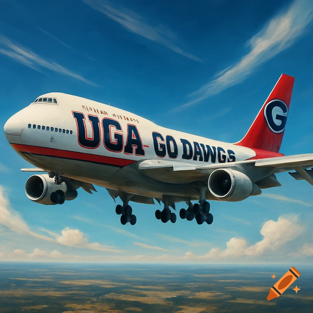 A photorealistic 747 airplane, white and red, with 'UGA GO DAWGS' text on its side, flying under a blue sky.