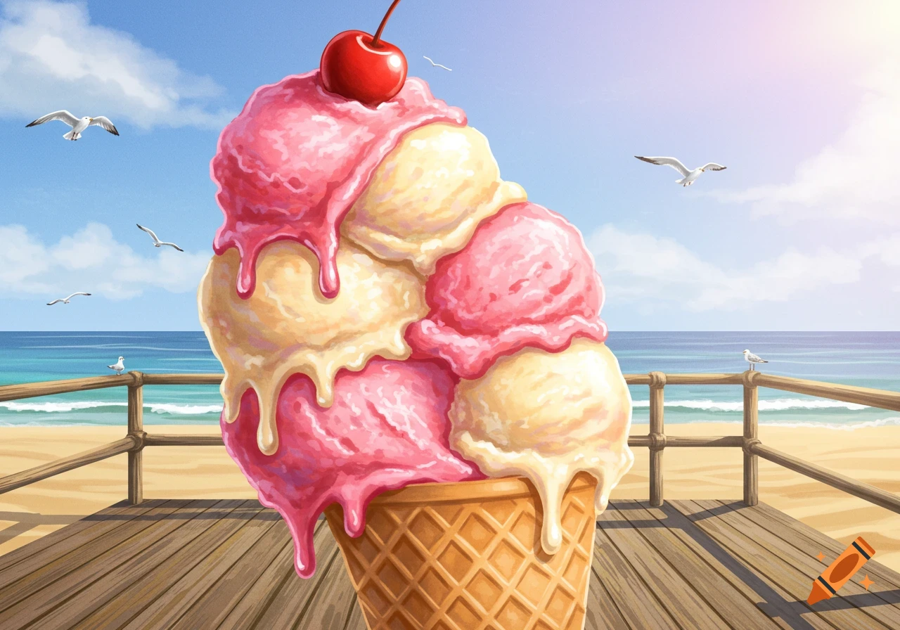 A towering ice cream cone with pink and vanilla scoops melting, topped with a cherry, on a wooden boardwalk overlooking a sunny beach with seagulls and ocean.