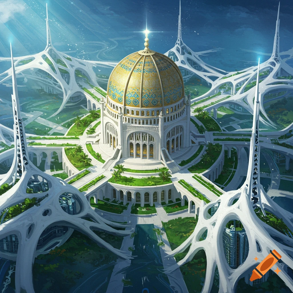 A majestic golden-domed building with intricate patterns, surrounded by white, organic-shaped futuristic structures and lush green terraces, under a bright sky.