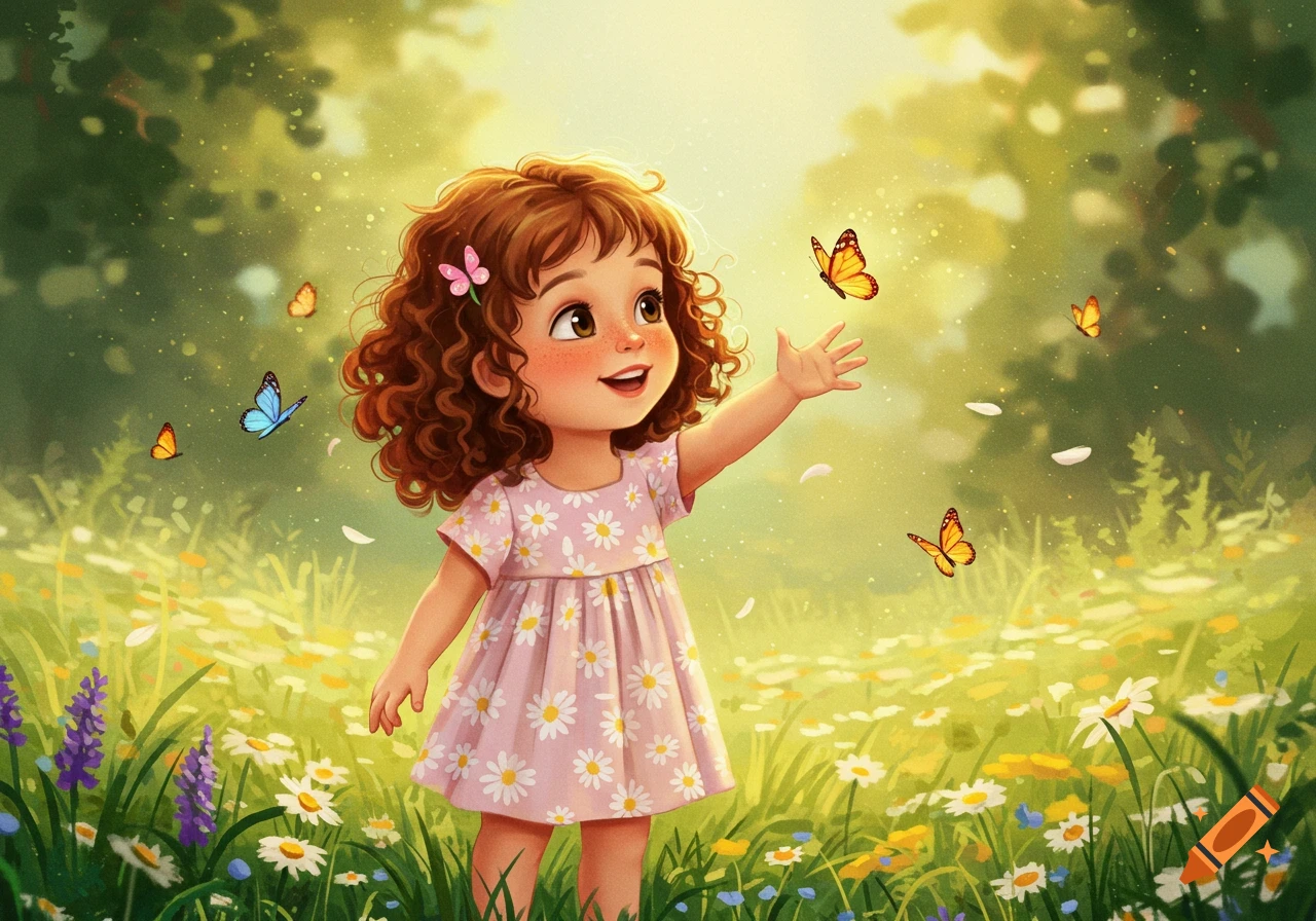 A cheerful cartoon girl with curly hair reaches for butterflies in a sunny meadow filled with daisies.