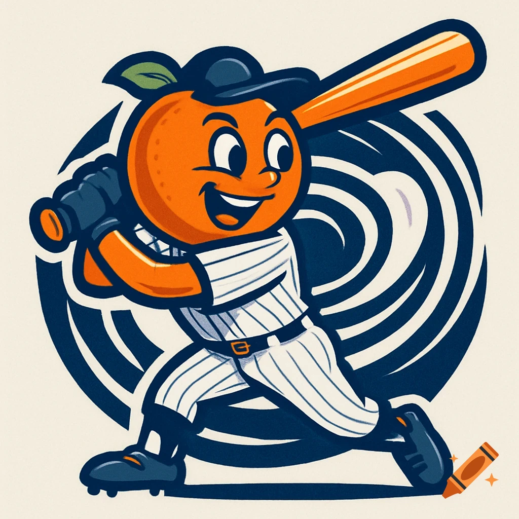A cheerful cartoon orange fruit character in a baseball uniform swings a bat, in a dynamic logo style.