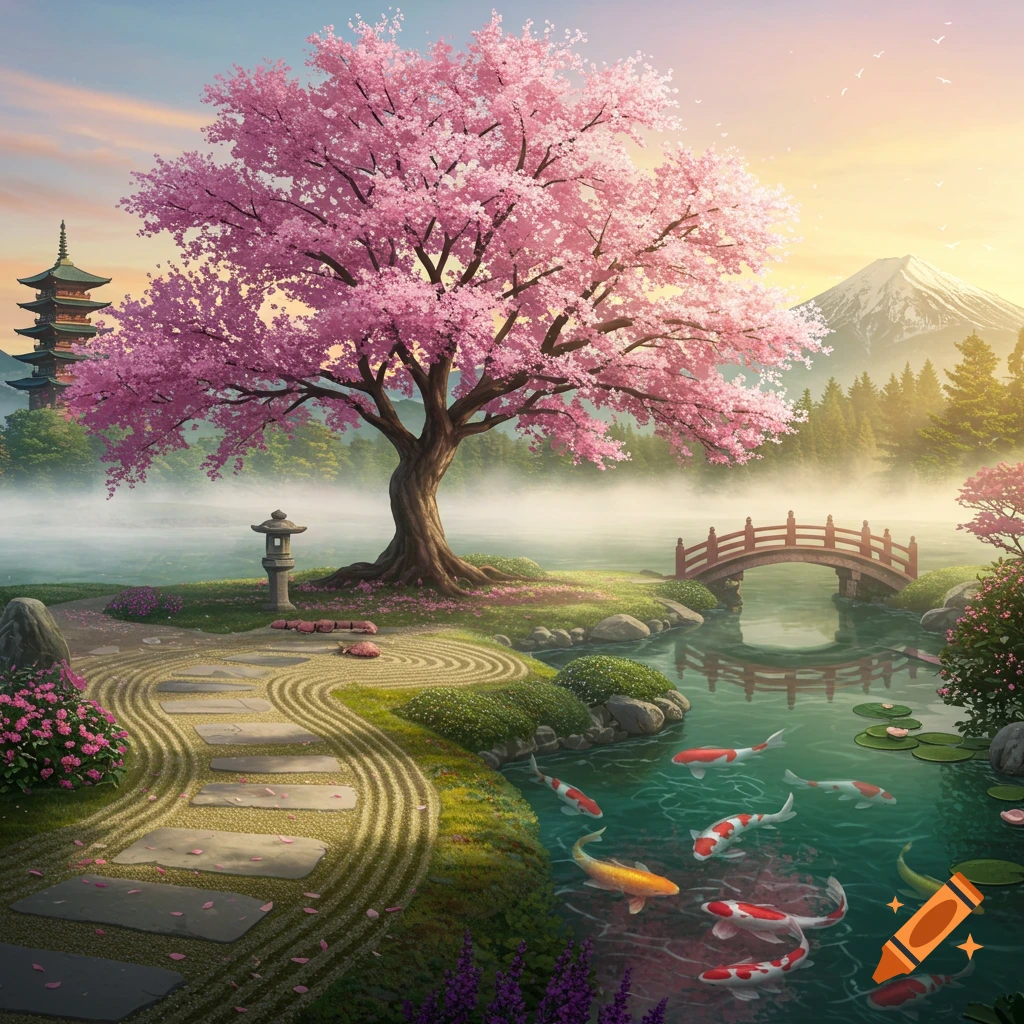 yu 「Blossom」「Dawn」「Pond」三点まとめ ZEN - Japanese Garden with Moon Bridge and Lotus Pond with