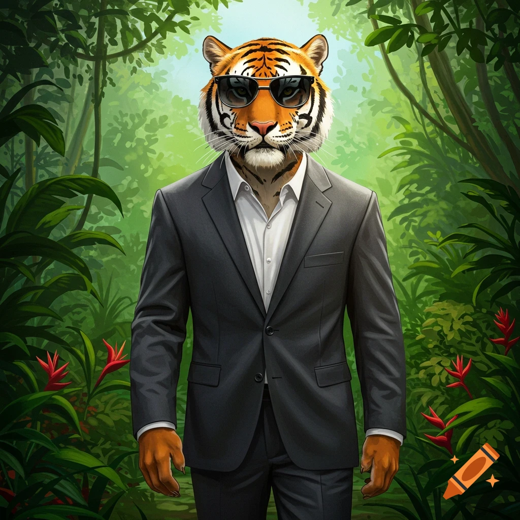 A tiger in a suit and sunglasses standing in a lush green jungle.