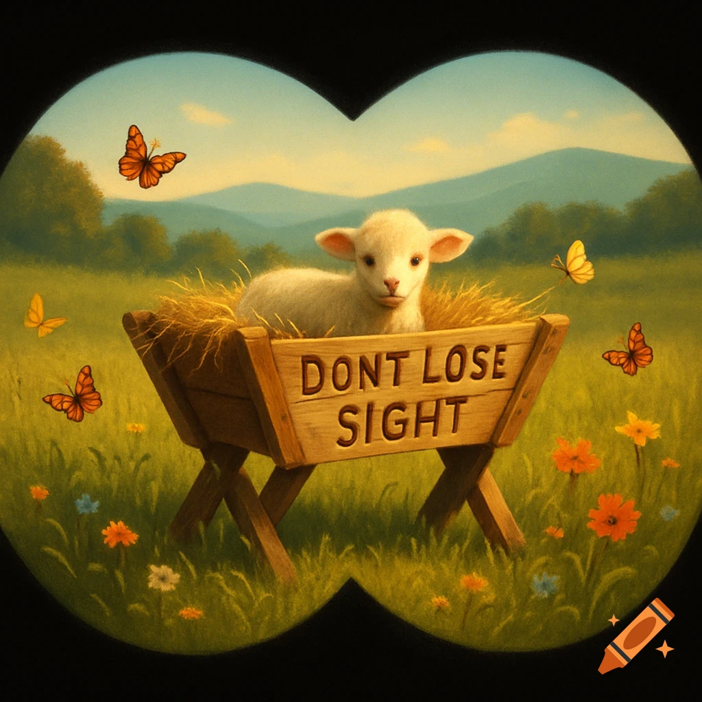 A cute lamb sits in a hay-filled manger with 'DONT LOSE SIGHT' carved on it, seen through binoculars in a grassy field with butterflies and flowers.