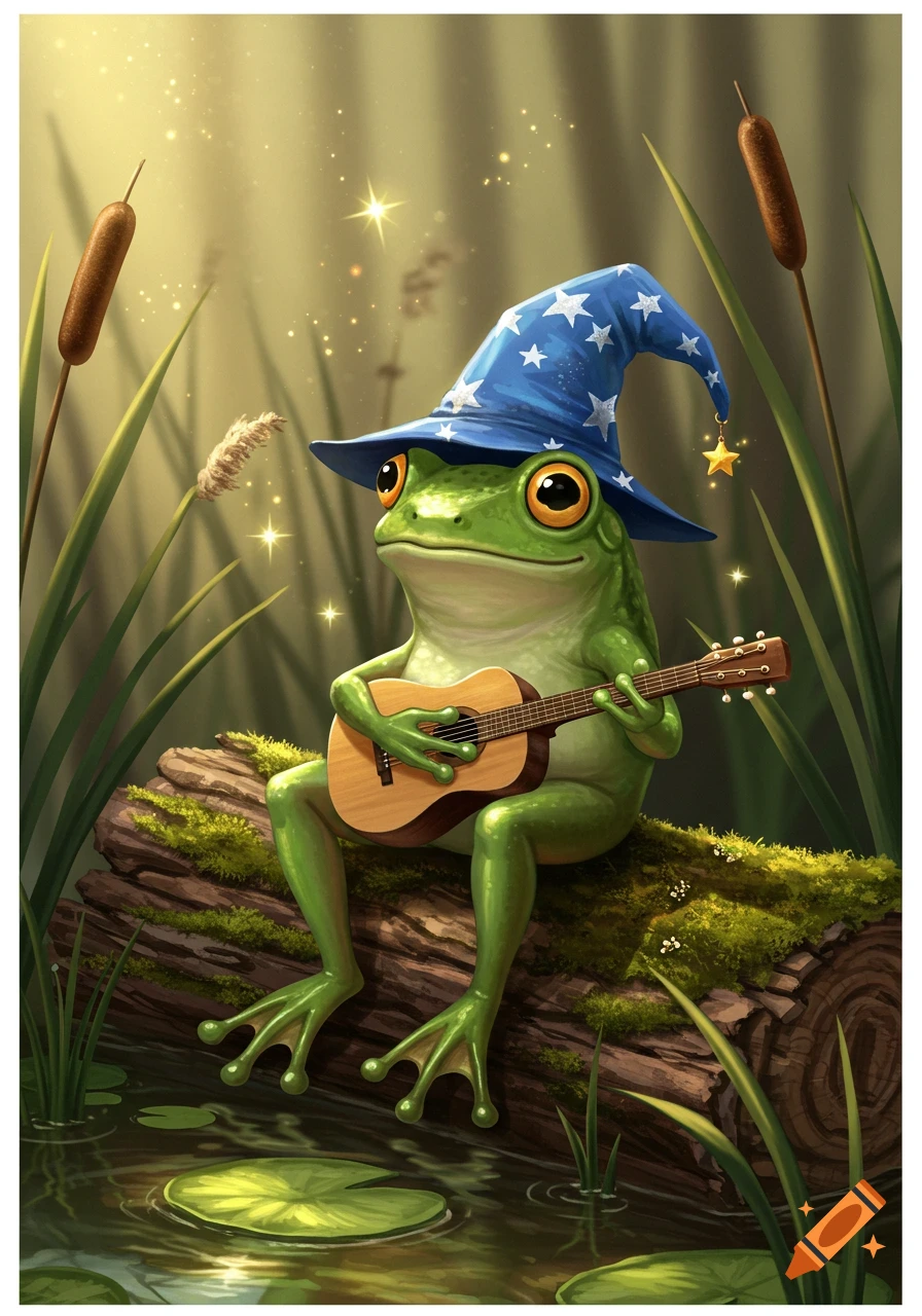 A whimsical illustration of a green frog wearing a blue wizard hat, sitting on a mossy log and playing a tiny acoustic guitar in a marsh.