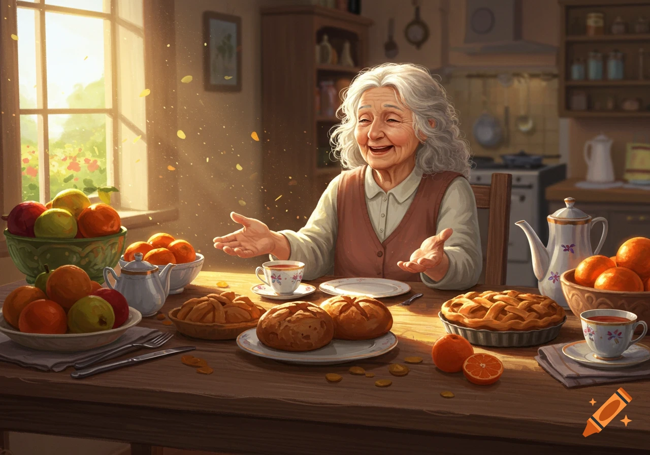 An elderly woman with white hair smiles warmly, sitting at a sunlit wooden table laden with fruit bowls, pies, and teacups in a cozy room.