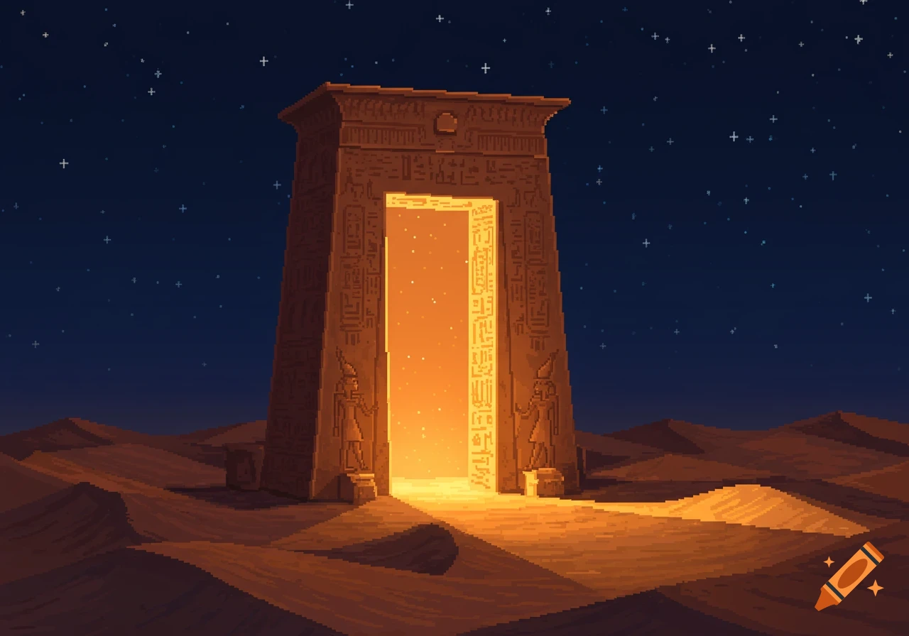 A pixel art image of a giant Egyptian portal glowing in a desert under a starry night sky, with warm hues.