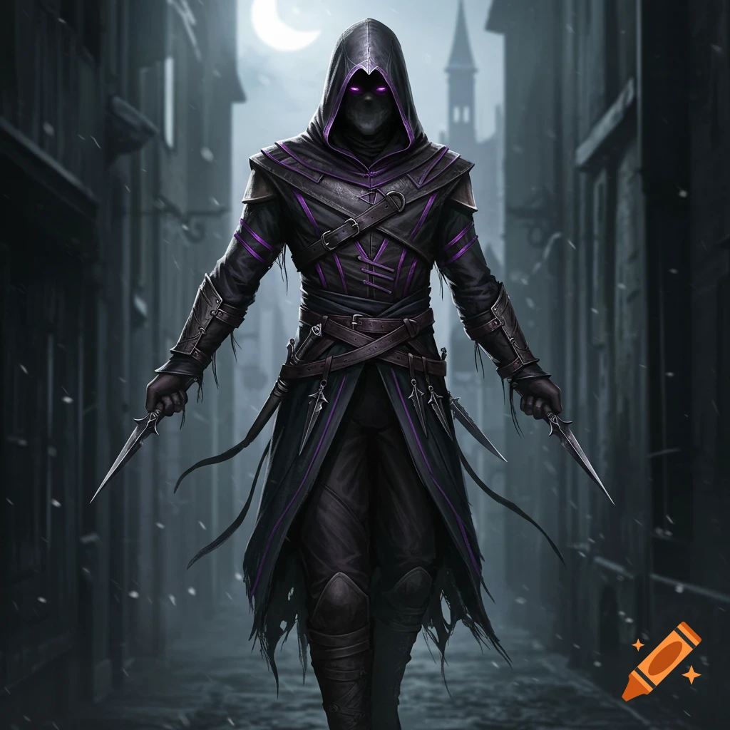A hooded assassin with glowing purple eyes and black armor holds two daggers in a dark, moonlit alley.