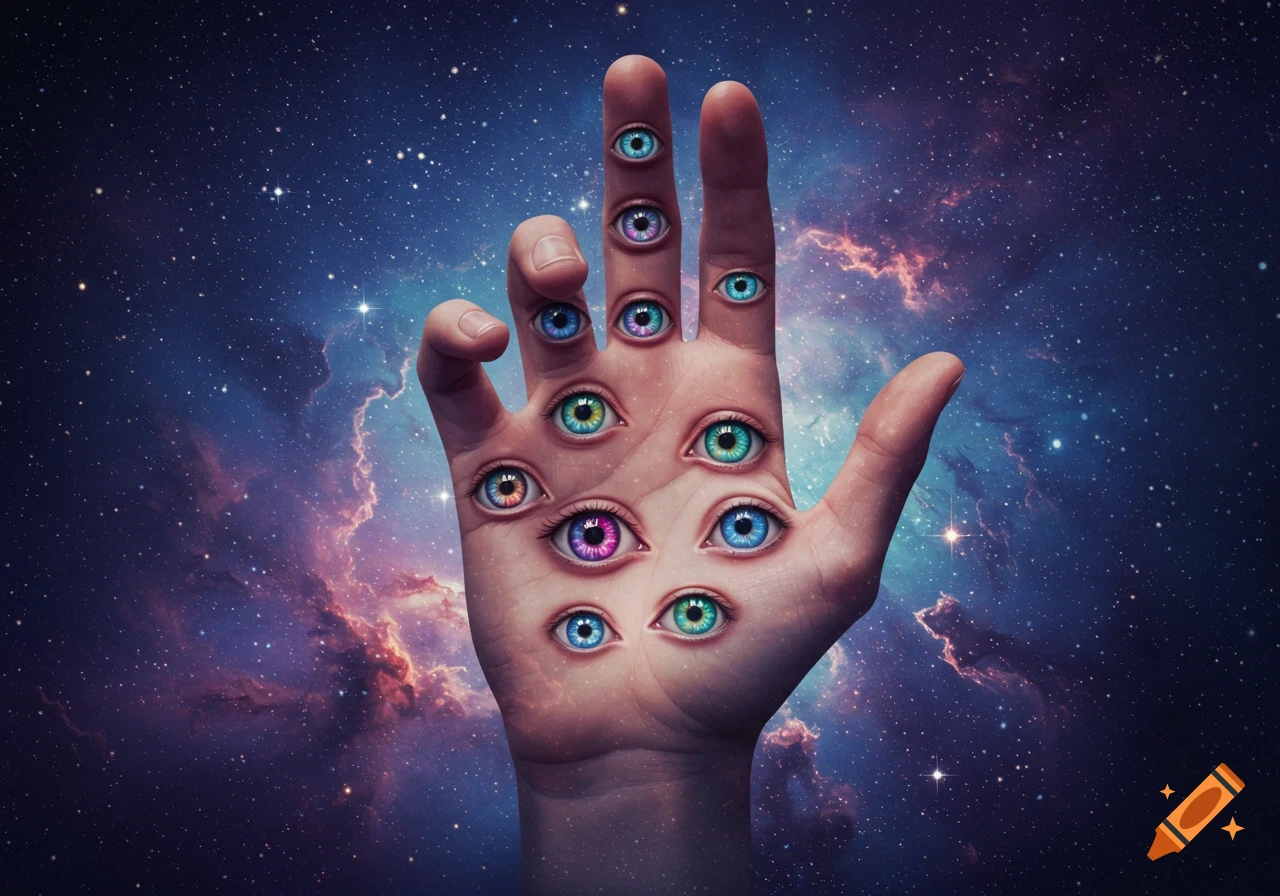 A surreal hand covered in multiple colorful eyes against a cosmic background with stars and nebulae.