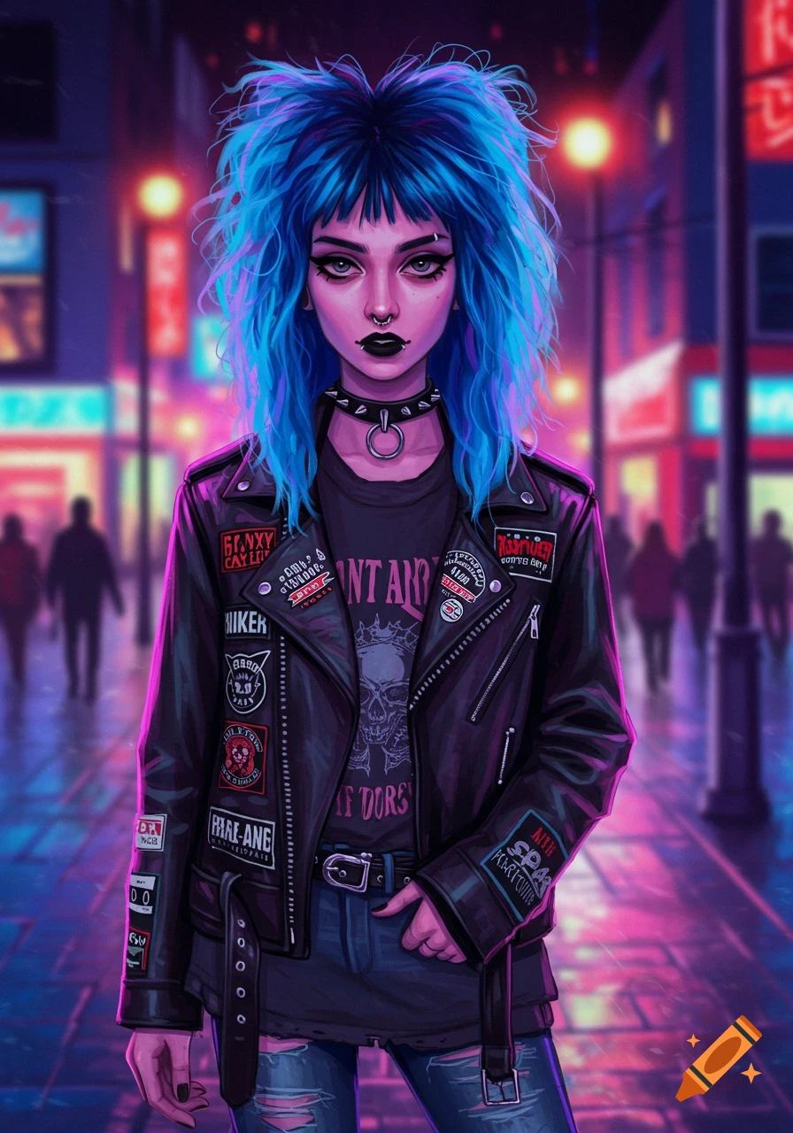 A digital art illustration of a young woman with bright blue hair, dark makeup, and a leather jacket on a neon city street.