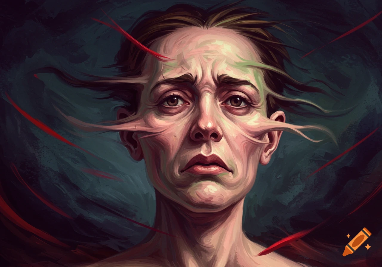 Painterly portrait of a person with a distorted, contorted face and red streaks, in the style of Francis Bacon.
