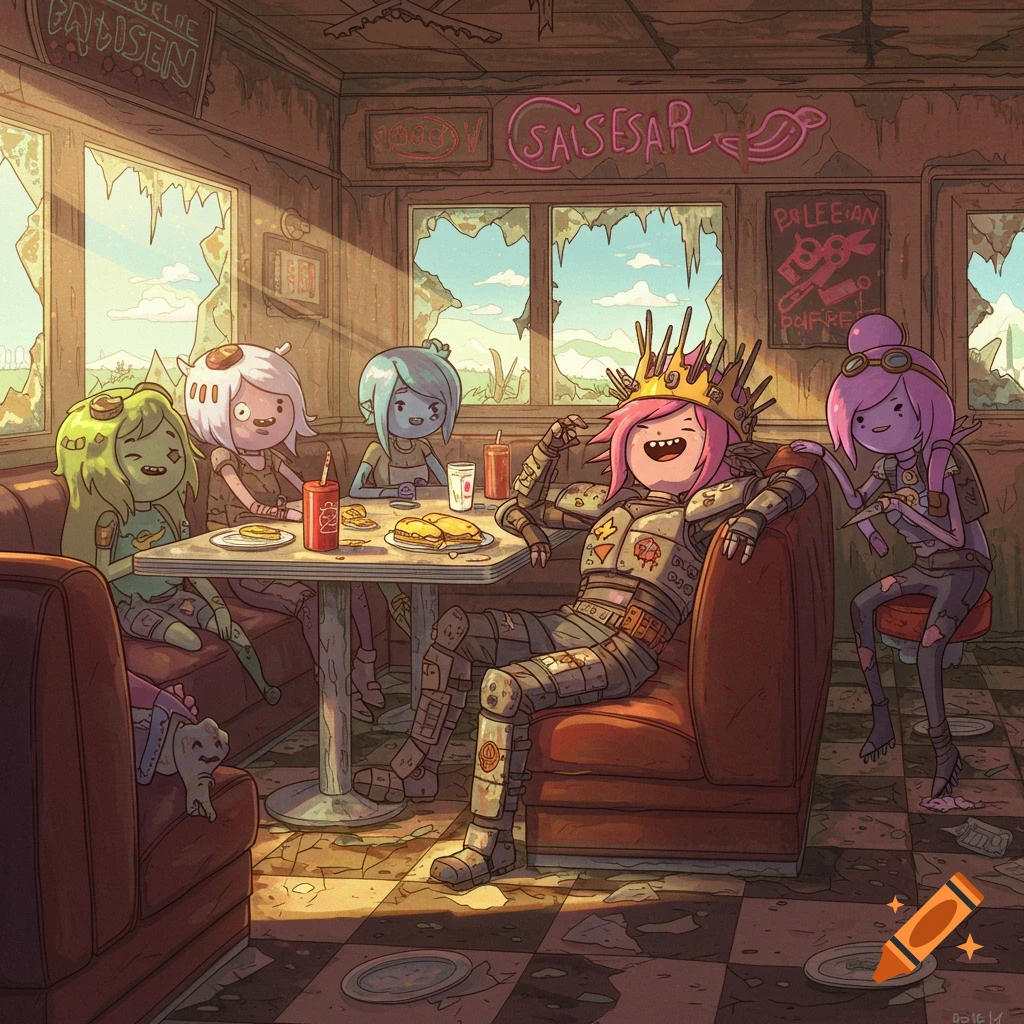 Five cartoon characters in the style of Adventure Time, including one in armor, laughing at a table in a ruined diner.