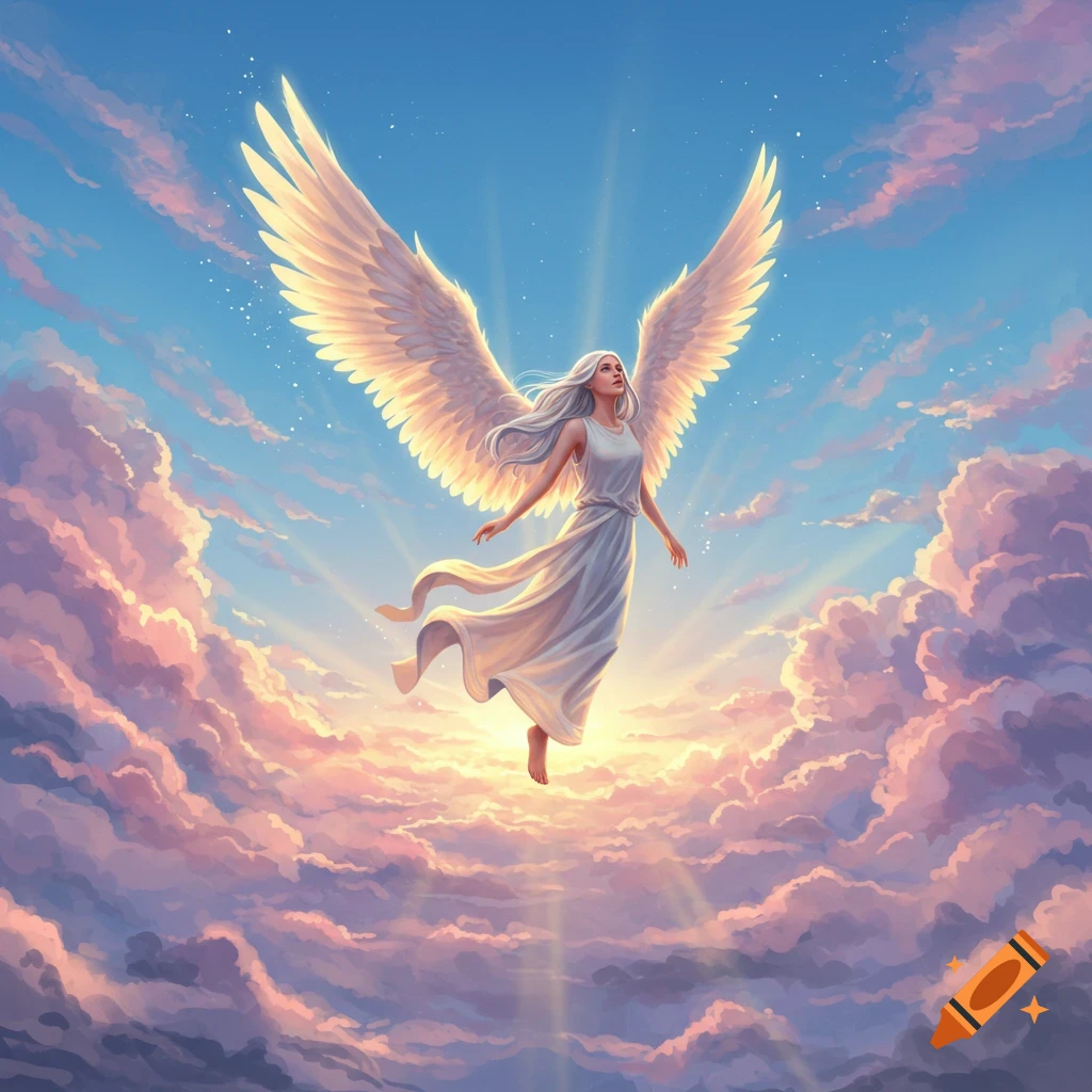 An ethereal angel with white wings and long hair floats amidst bright, sunlit clouds in a blue sky.