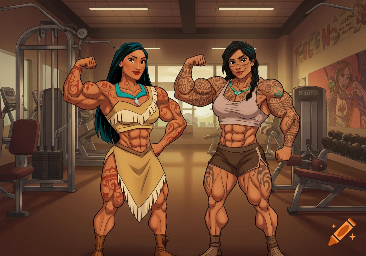 Pocahontas and her muscular mother flex their tattooed arms in a gym, rendered in a cartoon style.