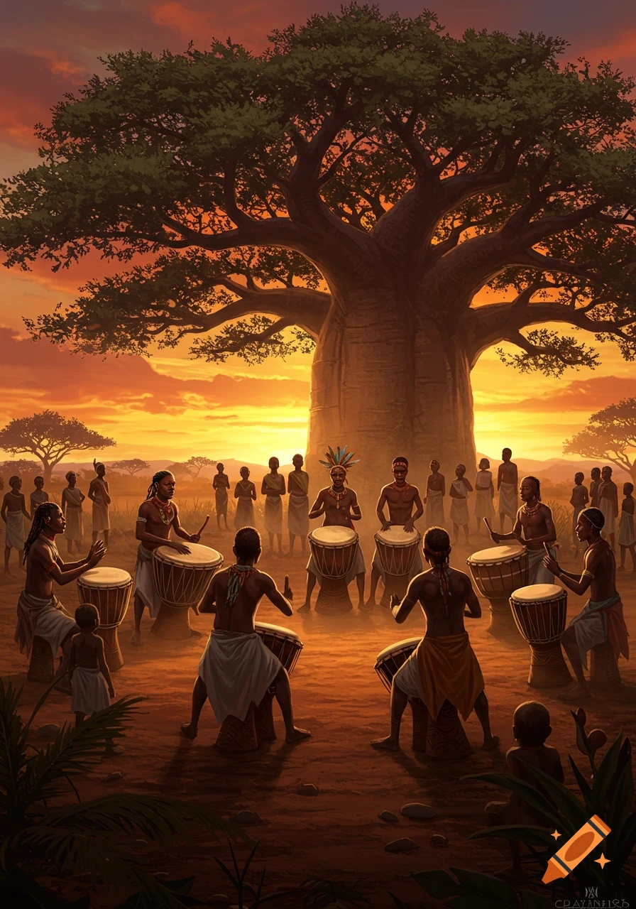 African tribal people in traditional attire play drums in a circle beneath a large baobab tree at sunset, with a fiery orange sky.