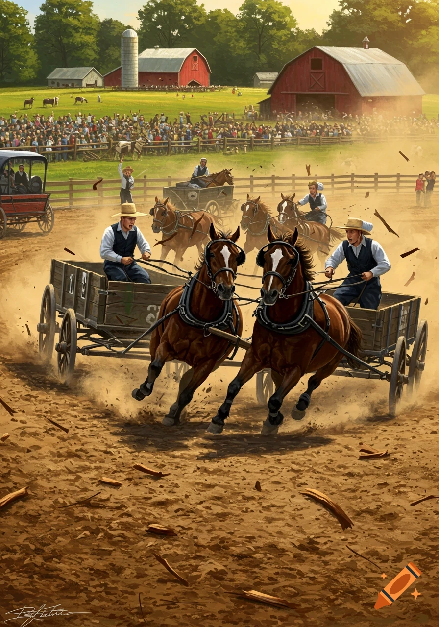Amish men in straw hats race horse-drawn buggies, kicking up dust on a dirt track, with crowds and barns in the background, in a painted style.