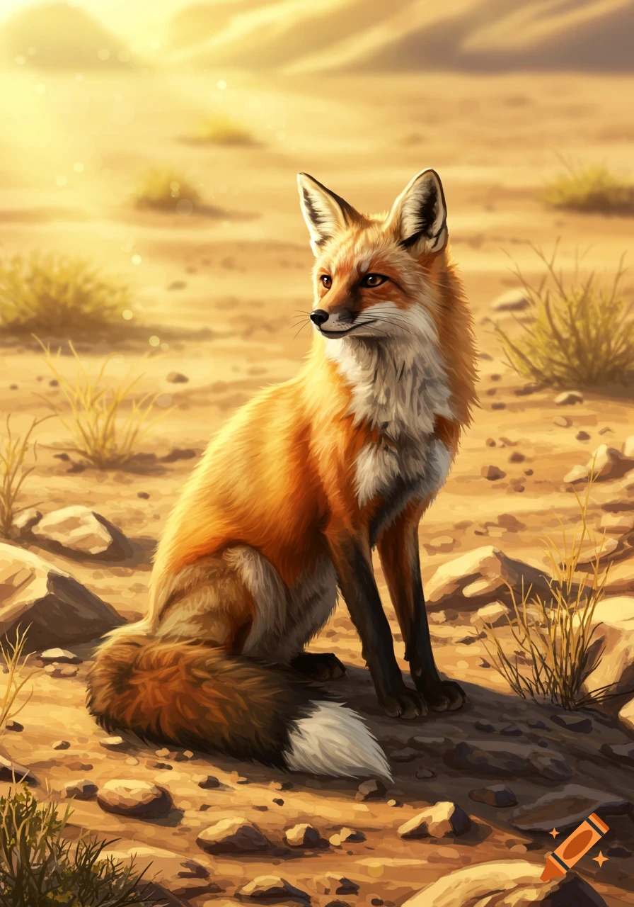 An elegant fox sits on barren rocky ground under a hot sun in an illustration.