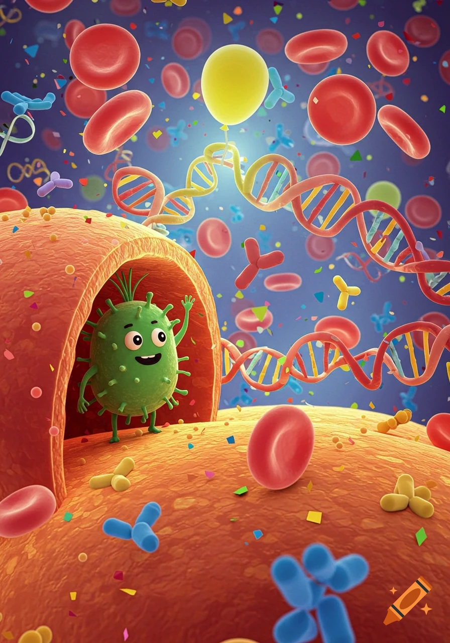 A cute green cartoon microbe waves inside a stylized biological environment with red blood cells, DNA, and colorful particles.