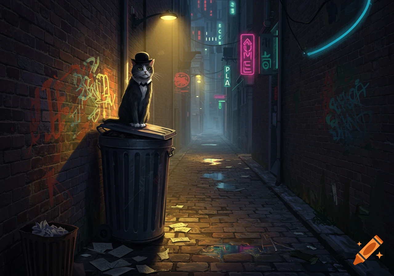 A sophisticated cat wearing a bowler hat and bow tie sits atop a trash can in a dark, neon-lit back alley with brick walls.
